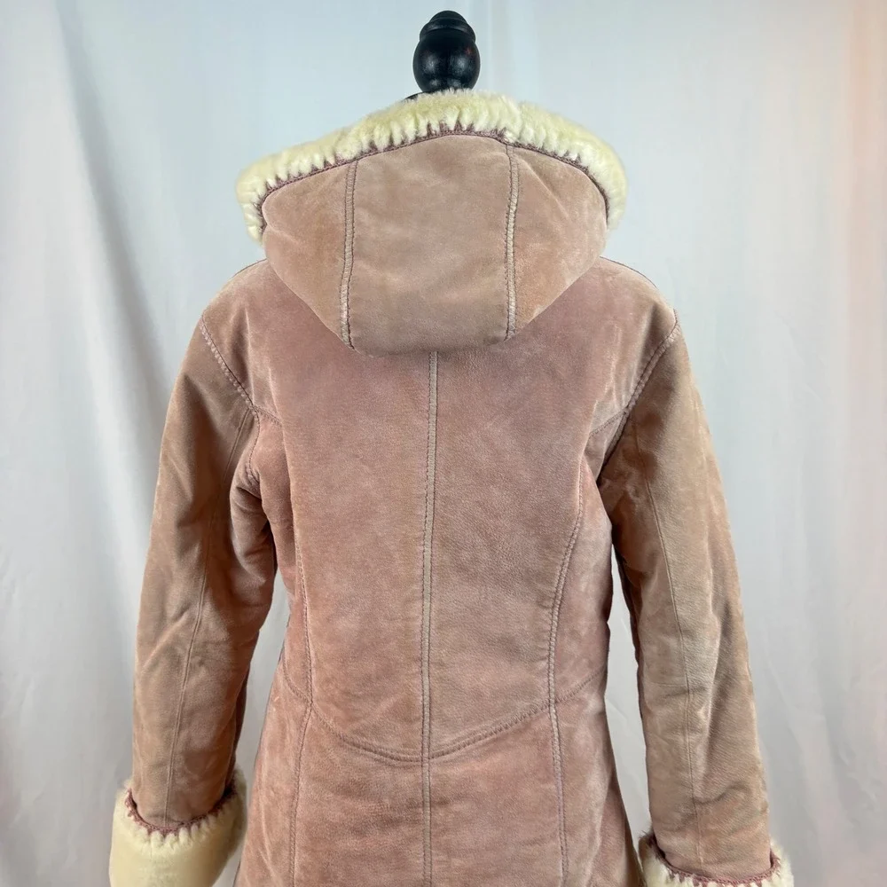 Wilsons Leather Pink Suede‎ Hooded Jacket Faux Fur Shearling Lined Dusty Rose